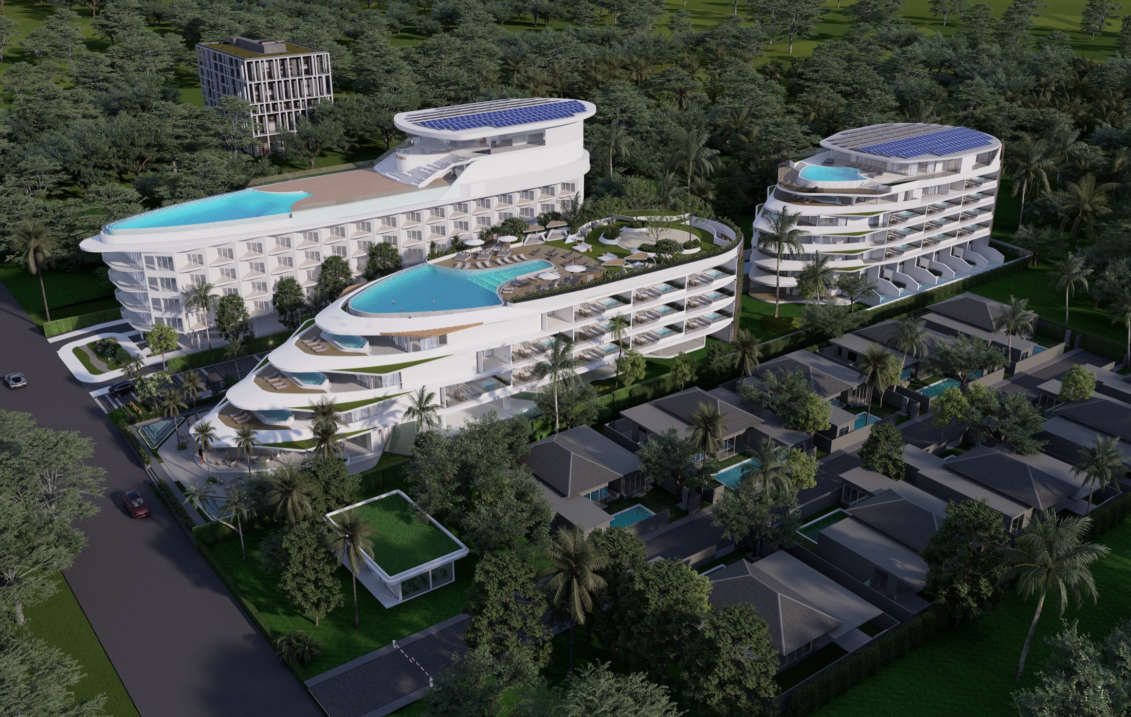 Architectural render of the Sole Mio complex showing Buildings A and B